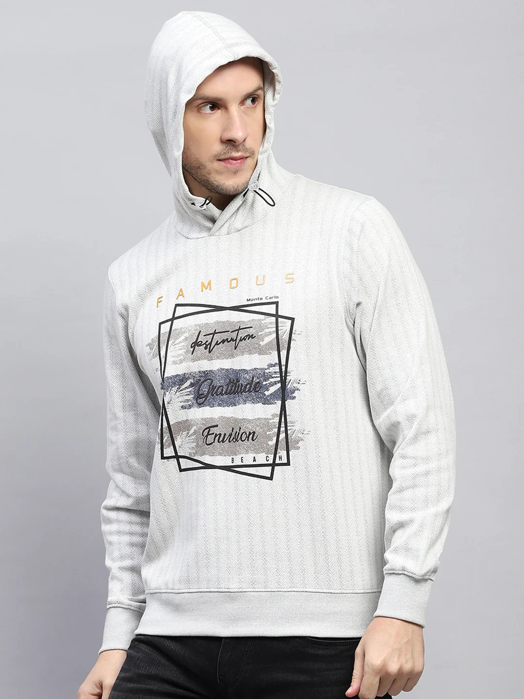 Men Grey Printed Hooded Full Sleeve Winter T-Shirt - Image 6