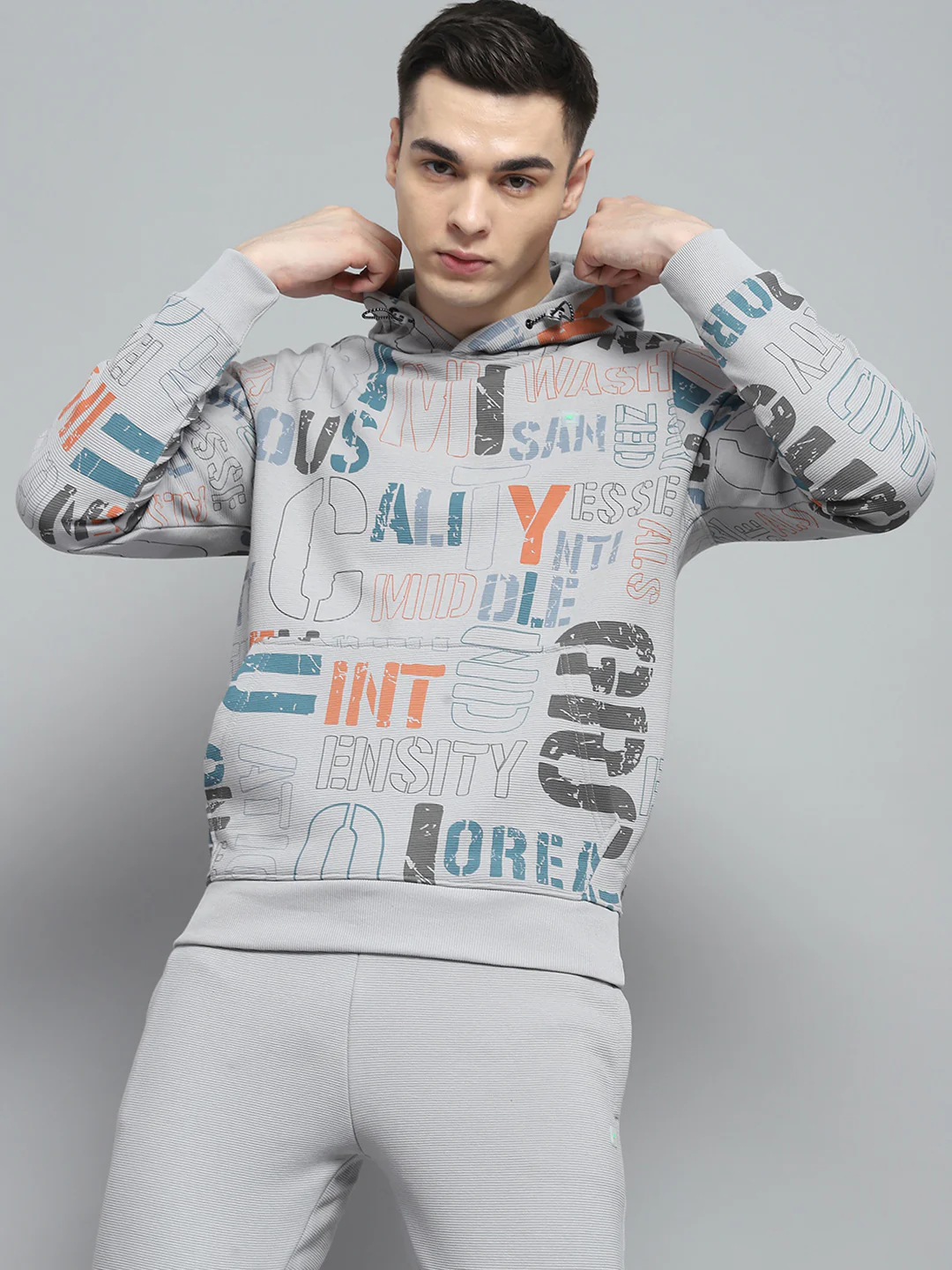 Men Grey Printed Hooded Full Sleeve Winter Tracksuit - Image 6