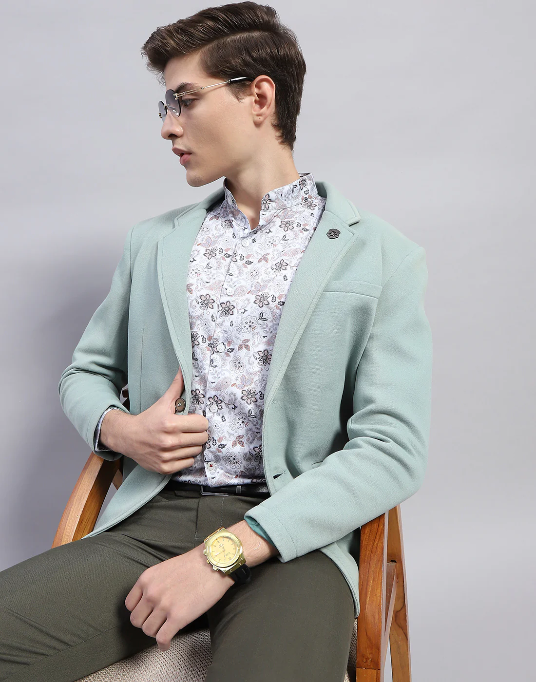 Men Grey Printed Mandarin Collar Full Sleeve Shirt - Image 2