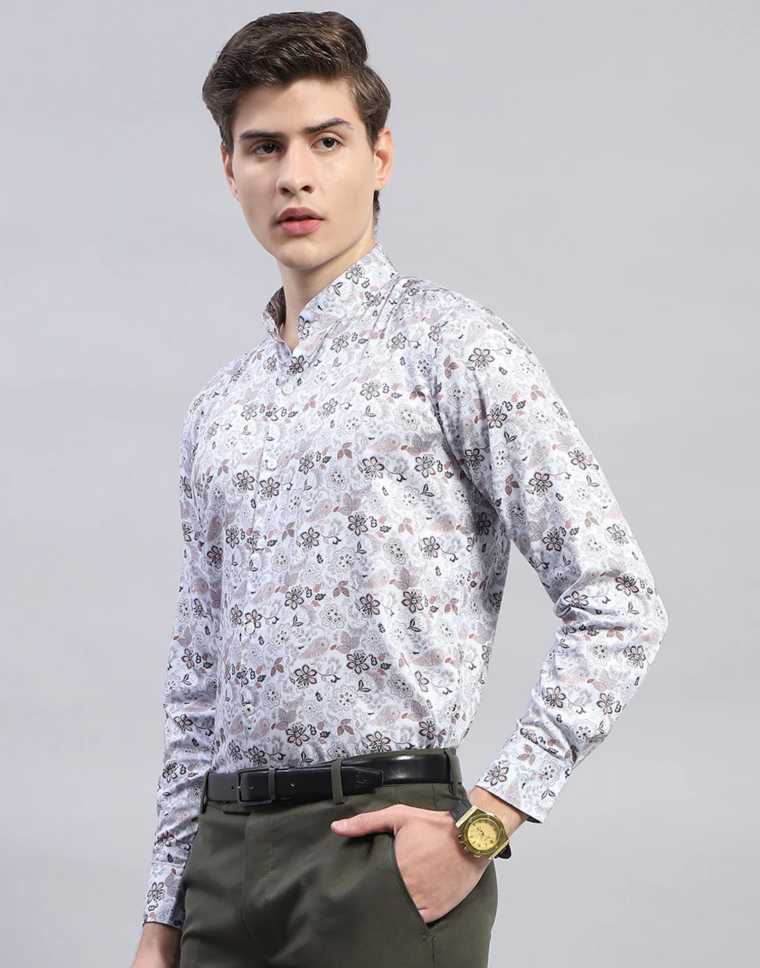 Men Grey Printed Mandarin Collar Full Sleeve Shirt - Image 4