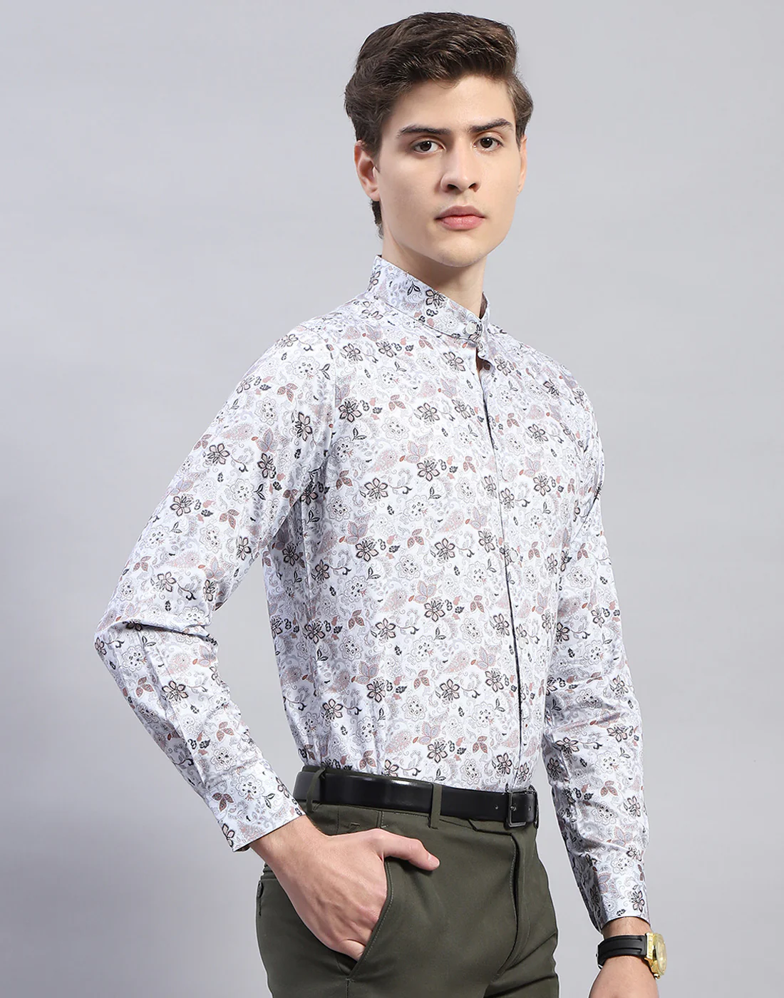 Men Grey Printed Mandarin Collar Full Sleeve Shirt - Image 5