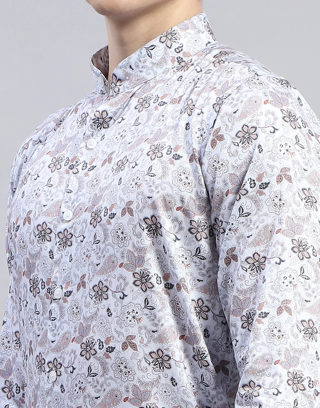 Men Grey Printed Mandarin Collar Full Sleeve Shirt - Image 7