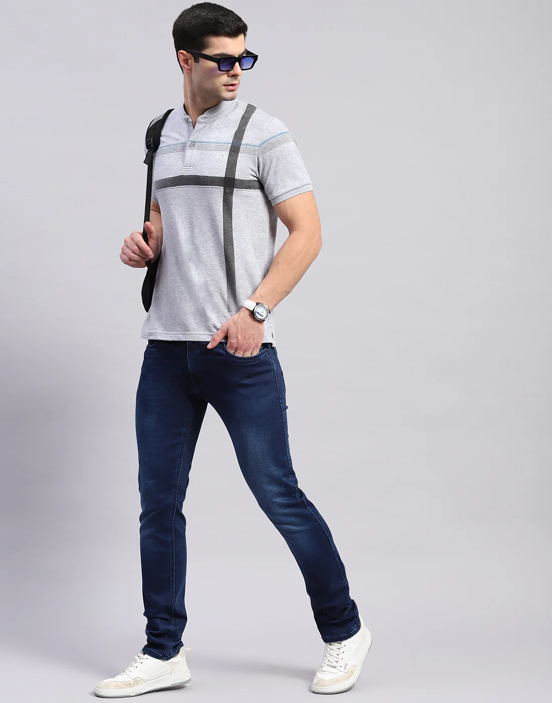 Men Grey Printed Mandarin Collar Half Sleeve T-Shirt - Image 2