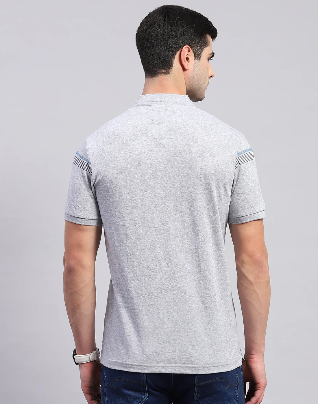 Men Grey Printed Mandarin Collar Half Sleeve T-Shirt - Image 5