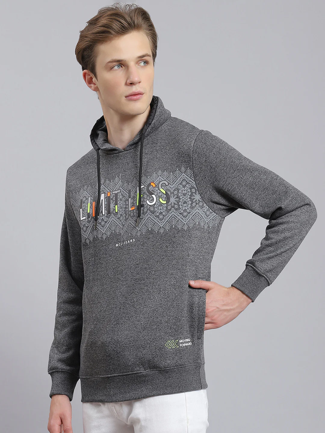 Men Grey Printed Mock Collar Full Sleeve Sweatshirt - Image 2