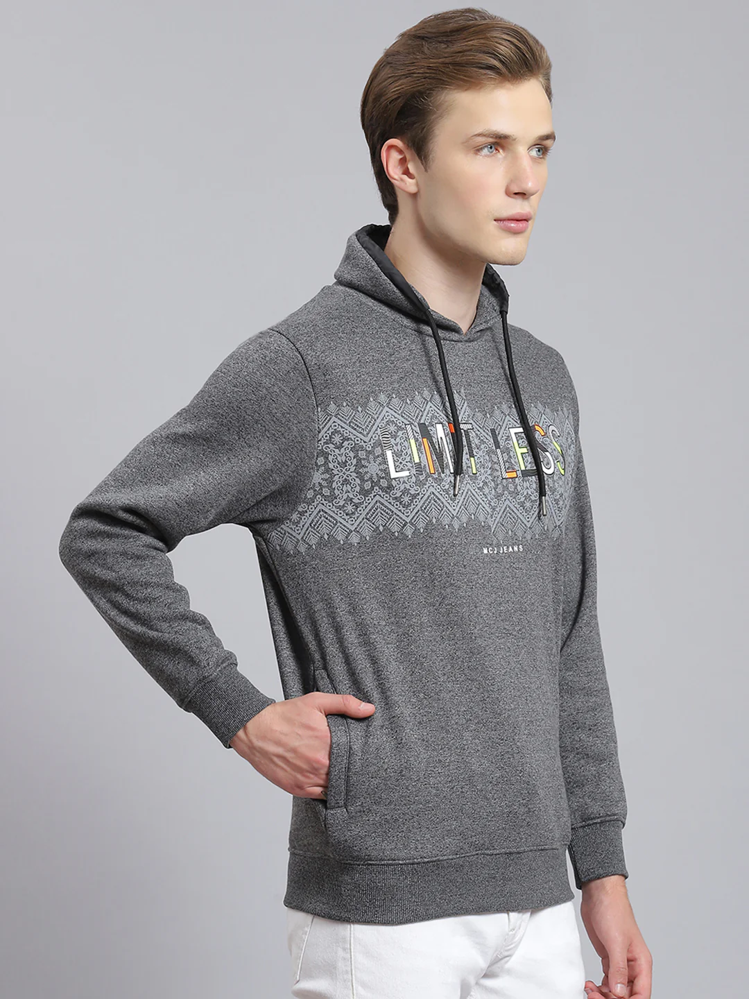 Men Grey Printed Mock Collar Full Sleeve Sweatshirt - Image 3