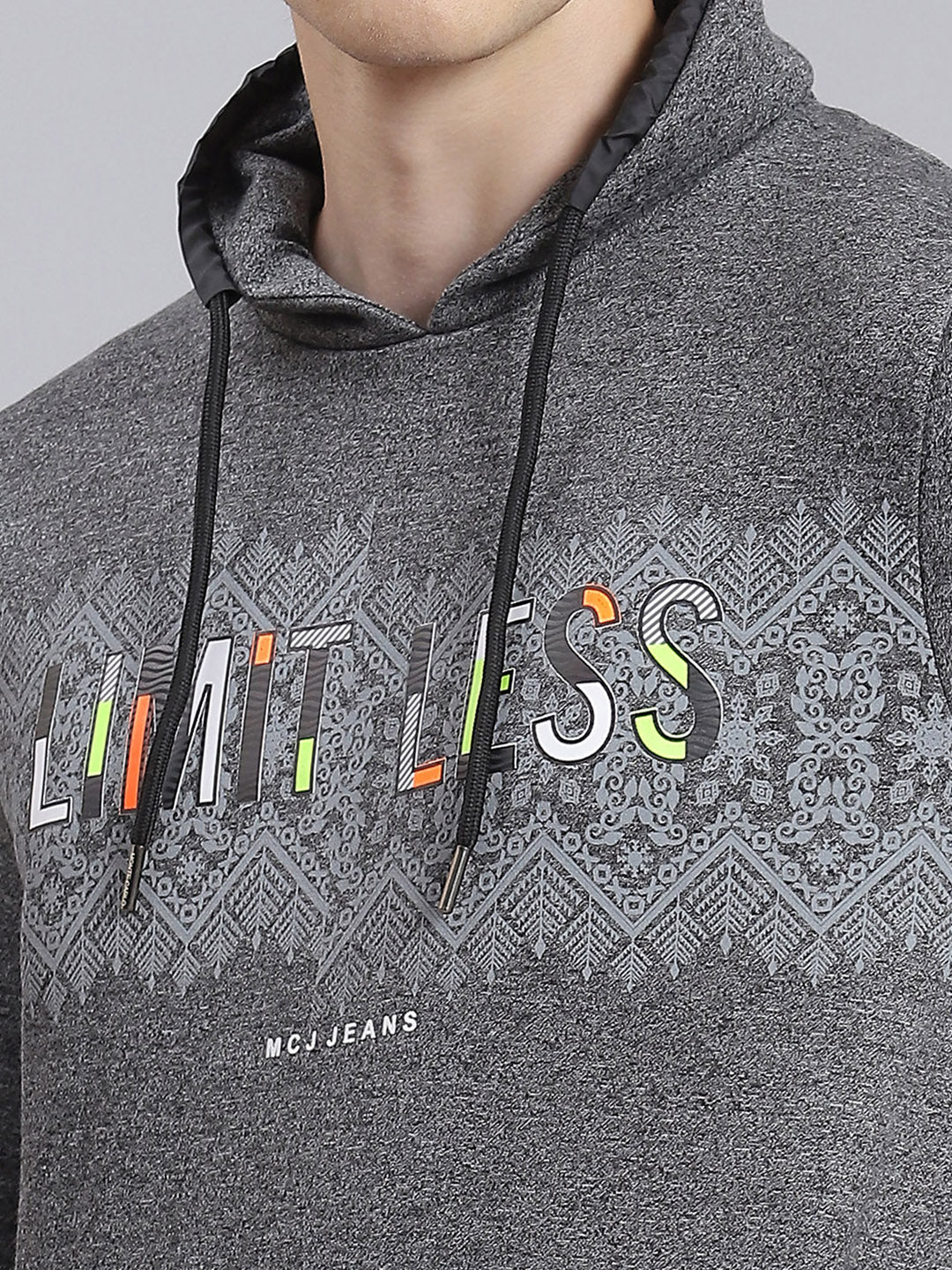 Men Grey Printed Mock Collar Full Sleeve Sweatshirt - Image 6