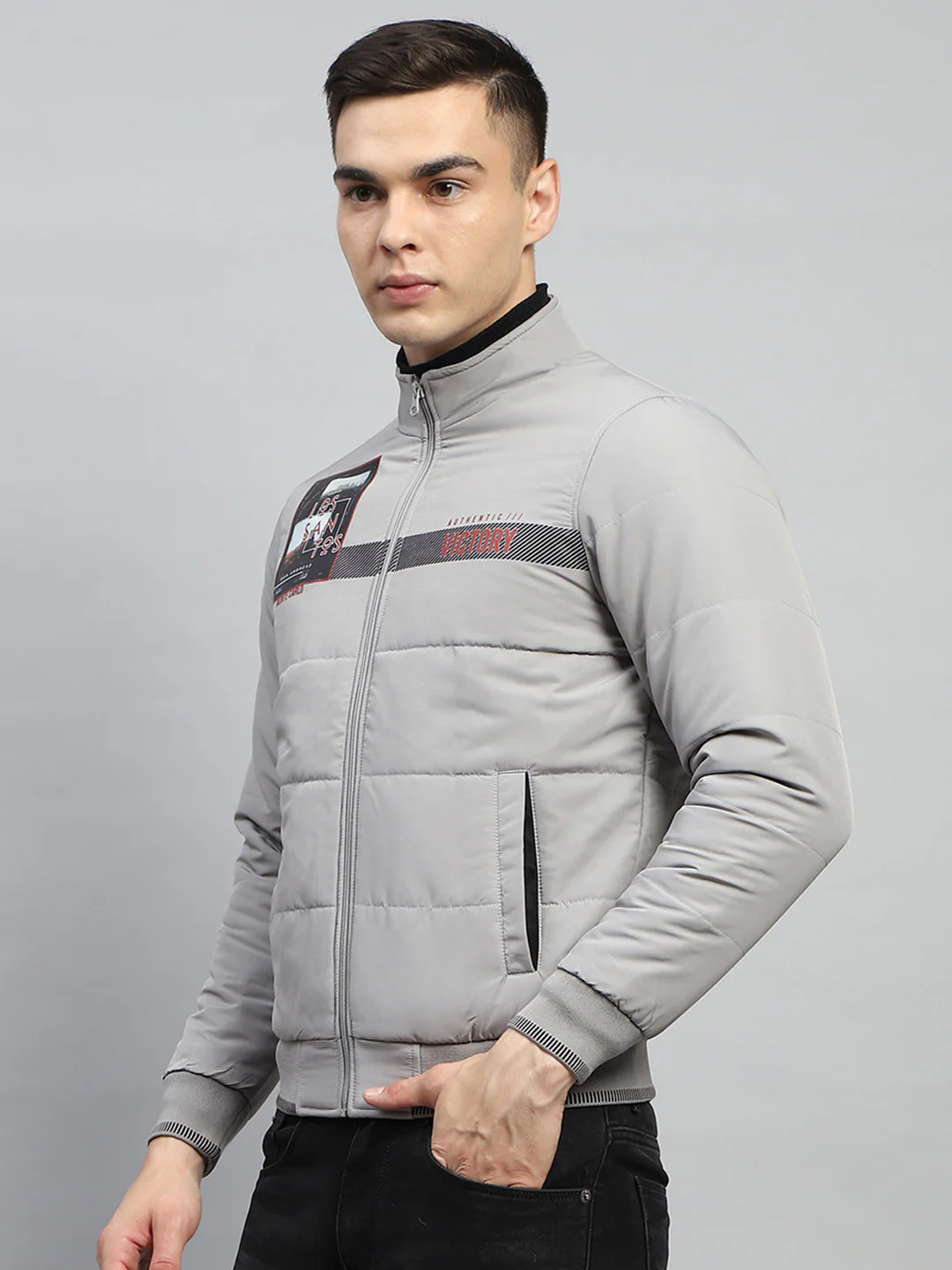 Men Grey Printed Mock Neck Full Sleeve Jacket - Image 3