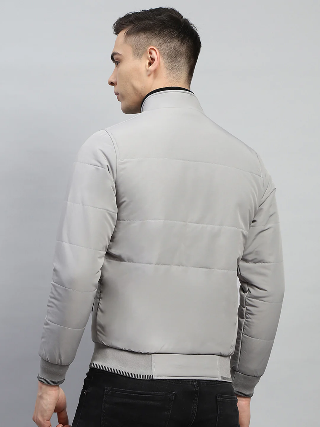 Men Grey Printed Mock Neck Full Sleeve Jacket - Image 5