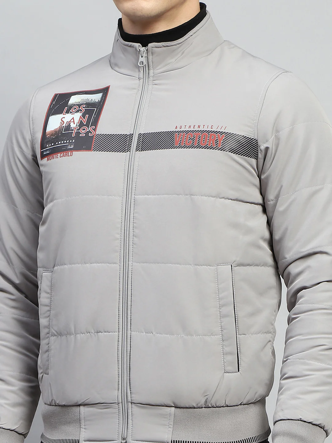 Men Grey Printed Mock Neck Full Sleeve Jacket - Image 6