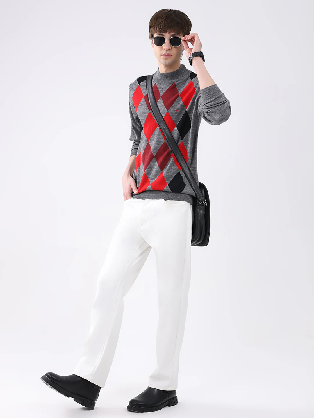 Men Grey Printed Mock Neck Full Sleeve Pullover - Image 2