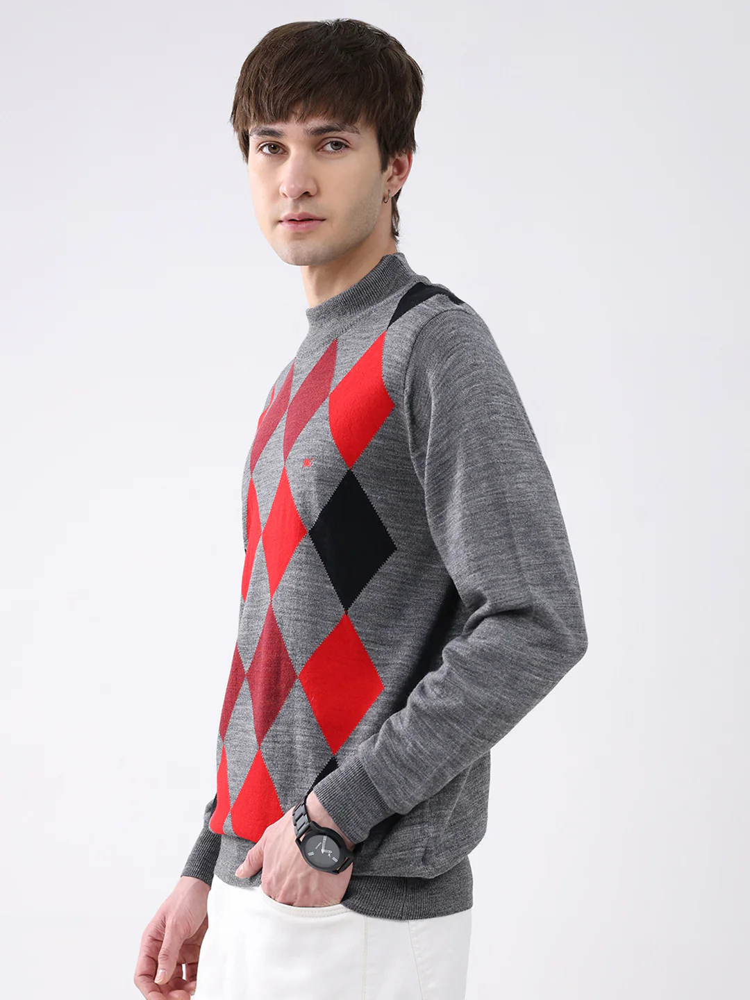 Men Grey Printed Mock Neck Full Sleeve Pullover - Image 3