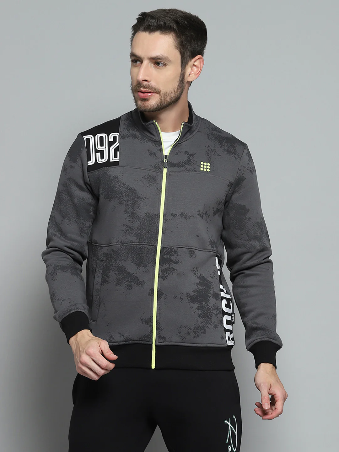 Rock.it Men Grey Printed Mock Neck Full Sleeve Sweatshirt