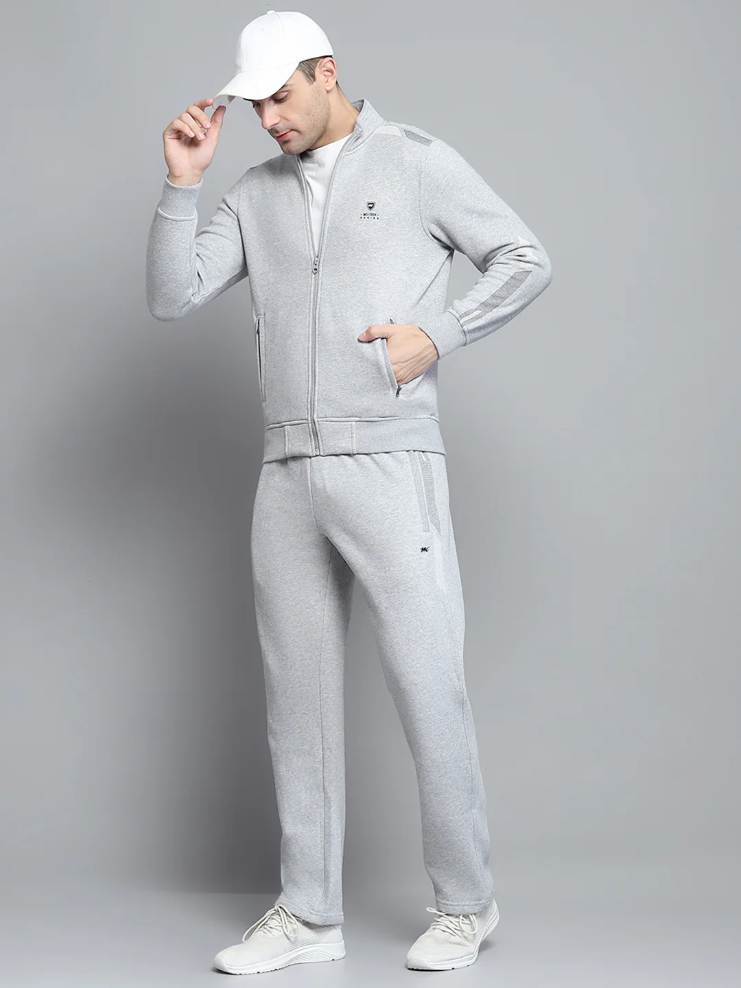Men Grey Printed Mock Neck Full Sleeve Winter Tracksuit - Image 2
