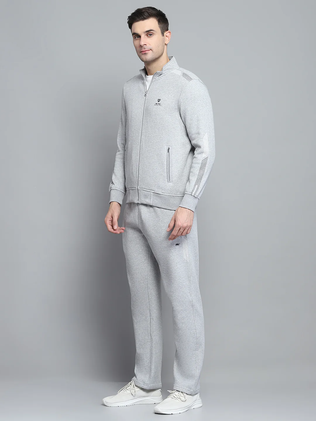 Men Grey Printed Mock Neck Full Sleeve Winter Tracksuit - Image 3