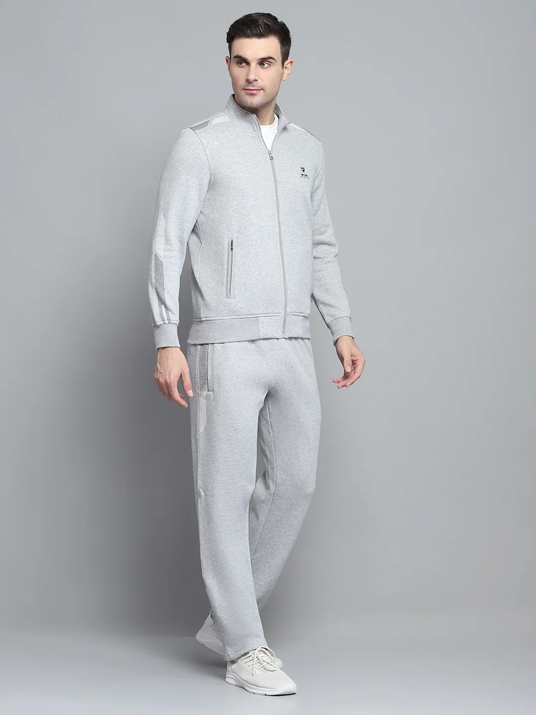 Men Grey Printed Mock Neck Full Sleeve Winter Tracksuit - Image 4