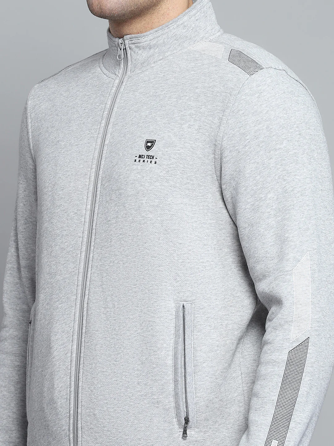 Men Grey Printed Mock Neck Full Sleeve Winter Tracksuit - Image 6