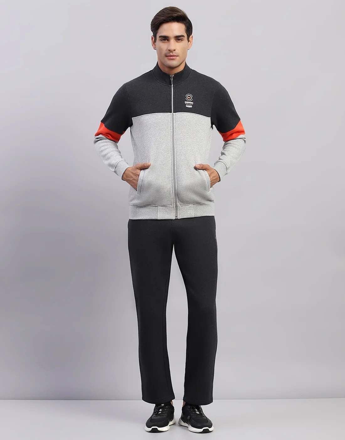 Men Grey Printed Mock Neck Full Sleeve Winter Tracksuit - Image 2
