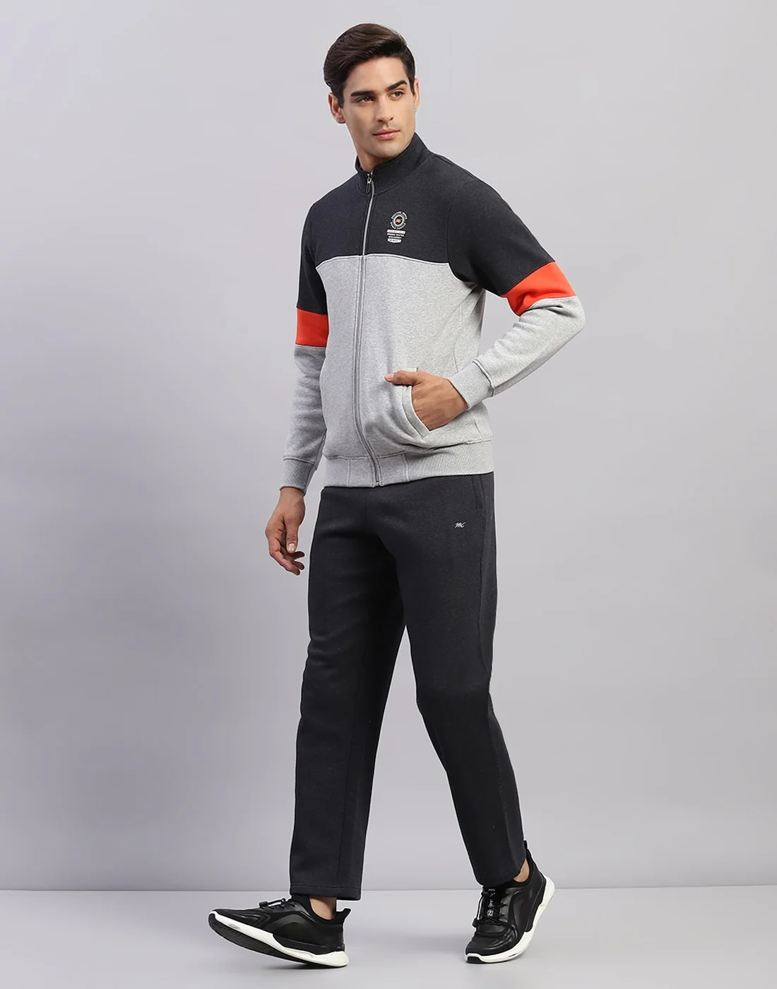 Men Grey Printed Mock Neck Full Sleeve Winter Tracksuit - Image 3