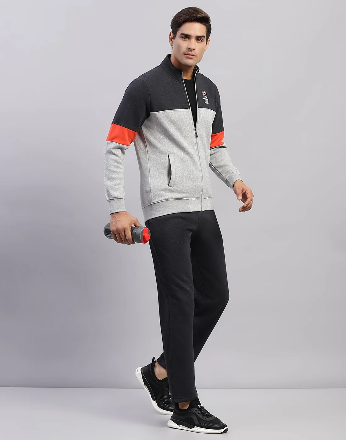 Men Grey Printed Mock Neck Full Sleeve Winter Tracksuit - Image 6