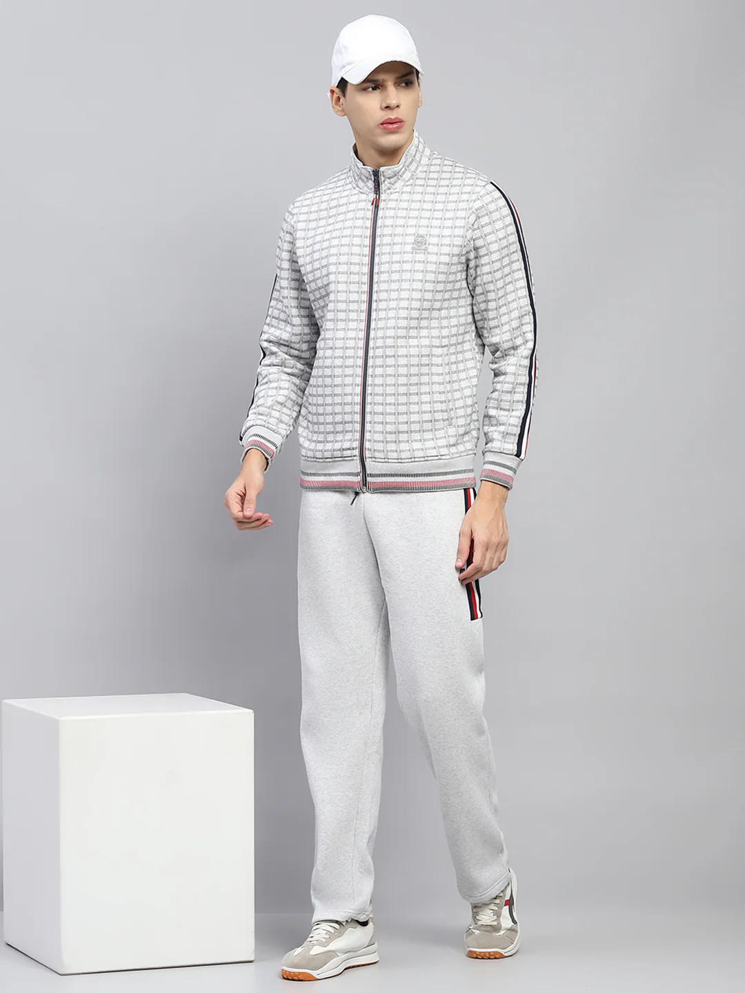 Men Grey Printed Mock Neck Full Sleeve Winter Tracksuit - Image 2