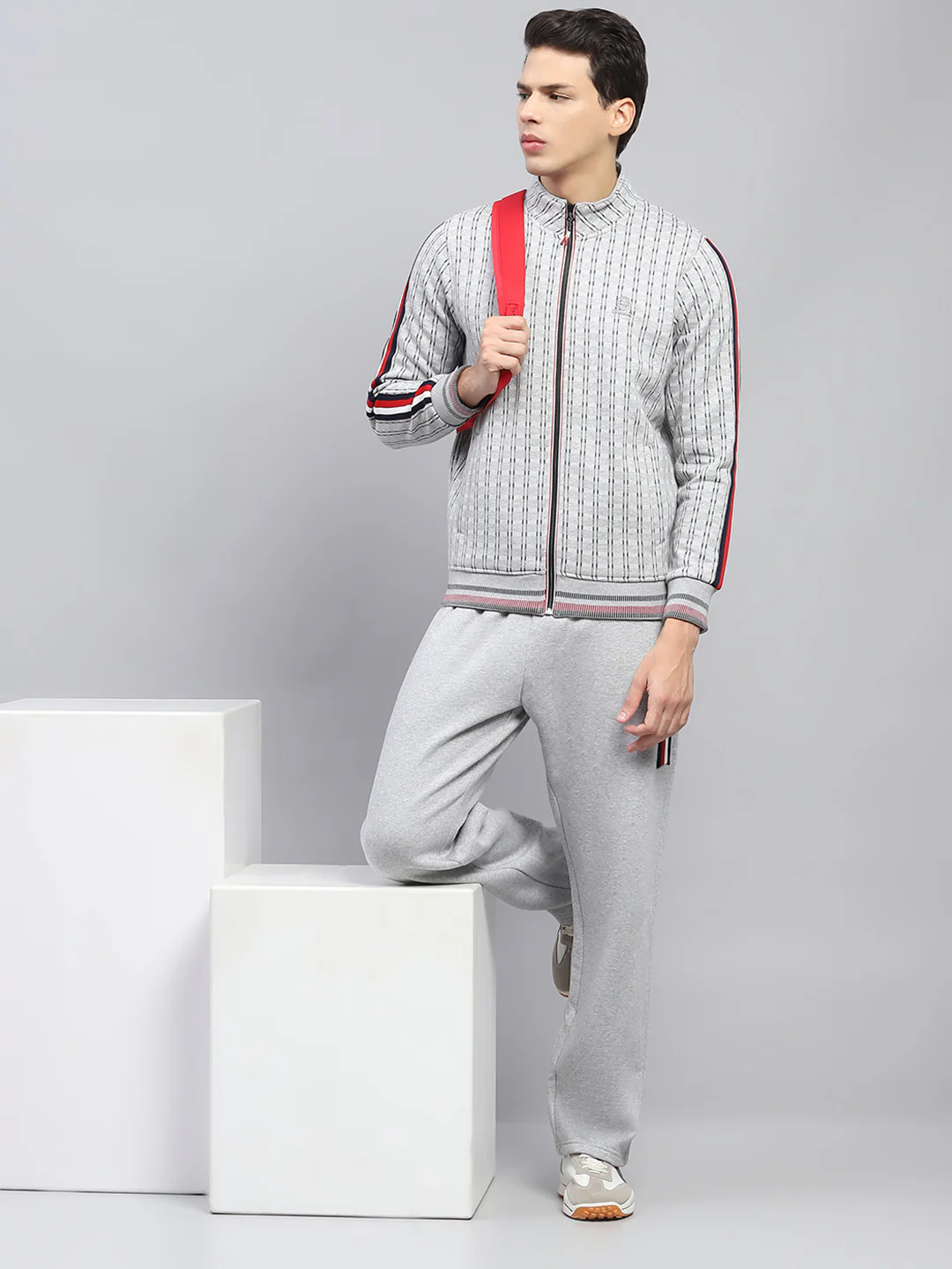 Men Grey Printed Mock Neck Full Sleeve Winter Tracksuit - Image 2