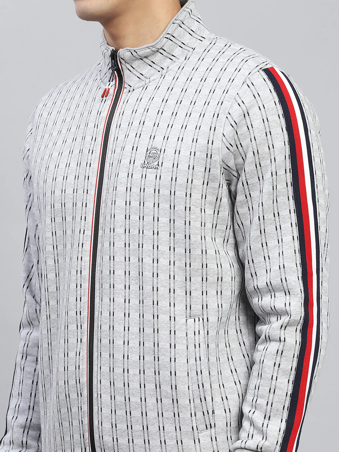 Men Grey Printed Mock Neck Full Sleeve Winter Tracksuit - Image 7