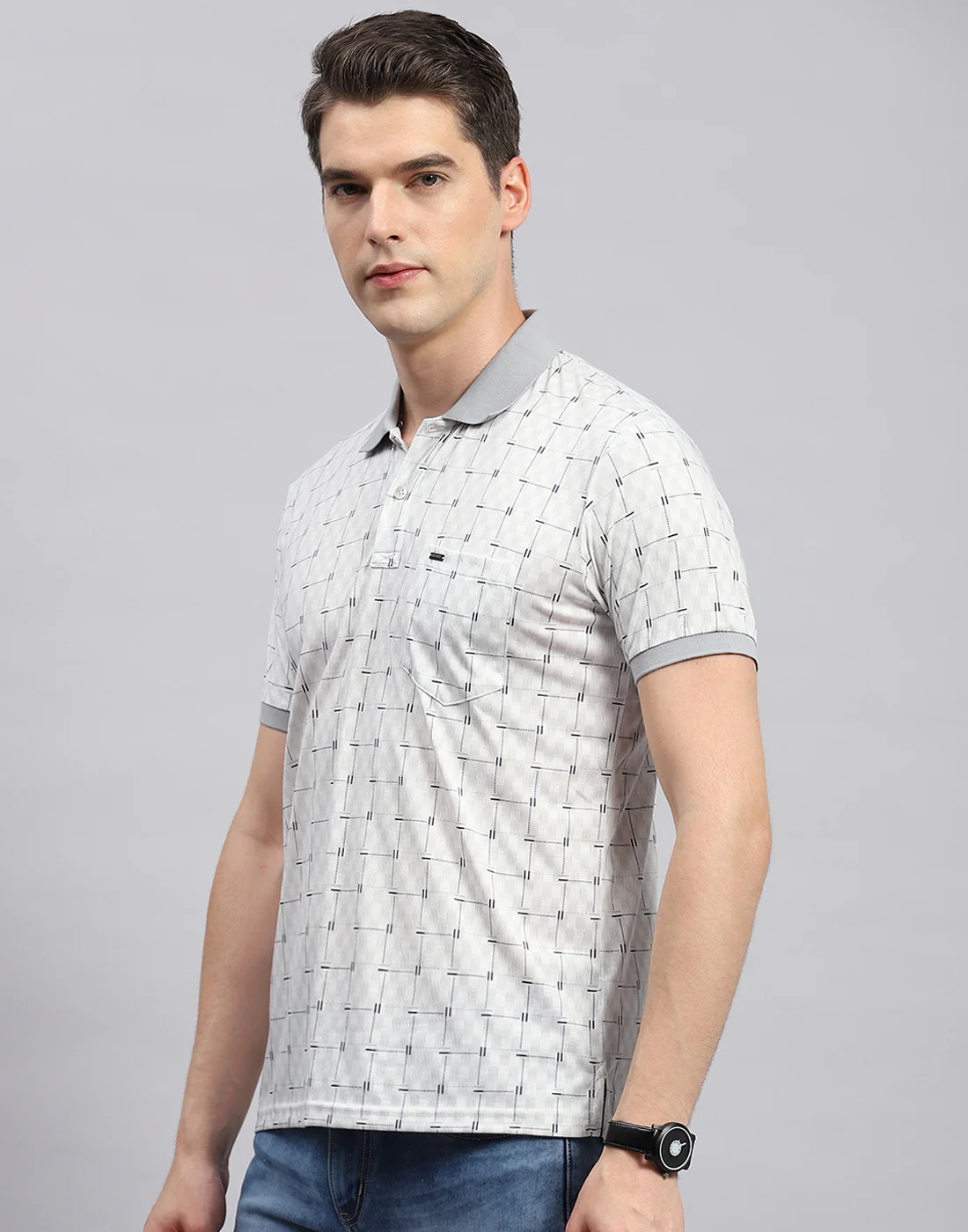 Men Grey Printed Polo Collar Half Sleeve T-Shirt - Image 3