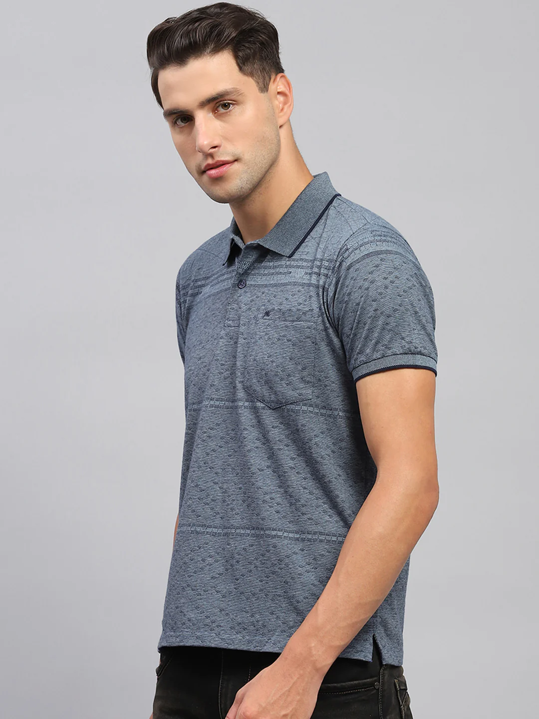 Men Grey Printed Polo Collar Half Sleeve T-Shirt - Image 3