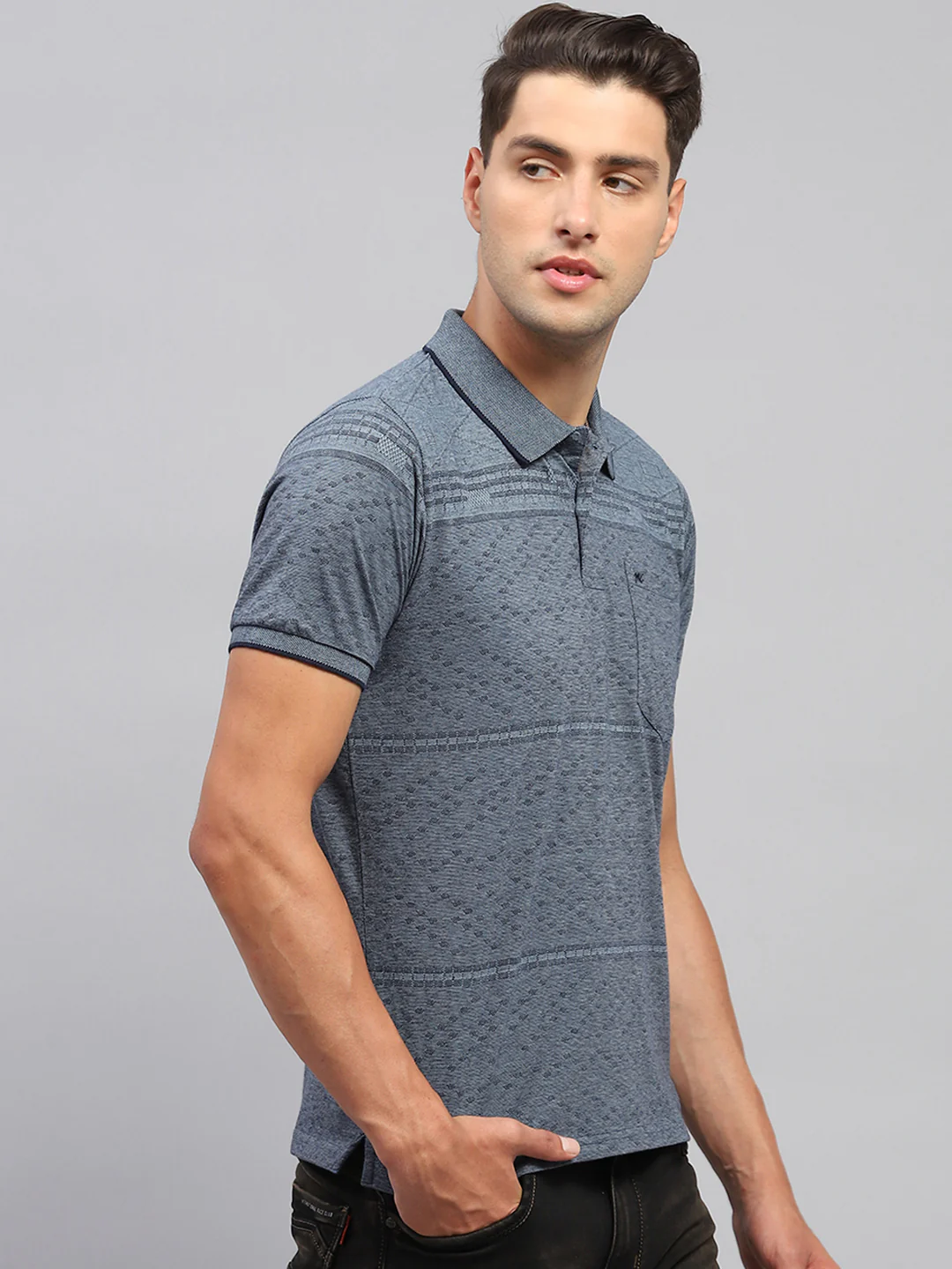 Men Grey Printed Polo Collar Half Sleeve T-Shirt - Image 4