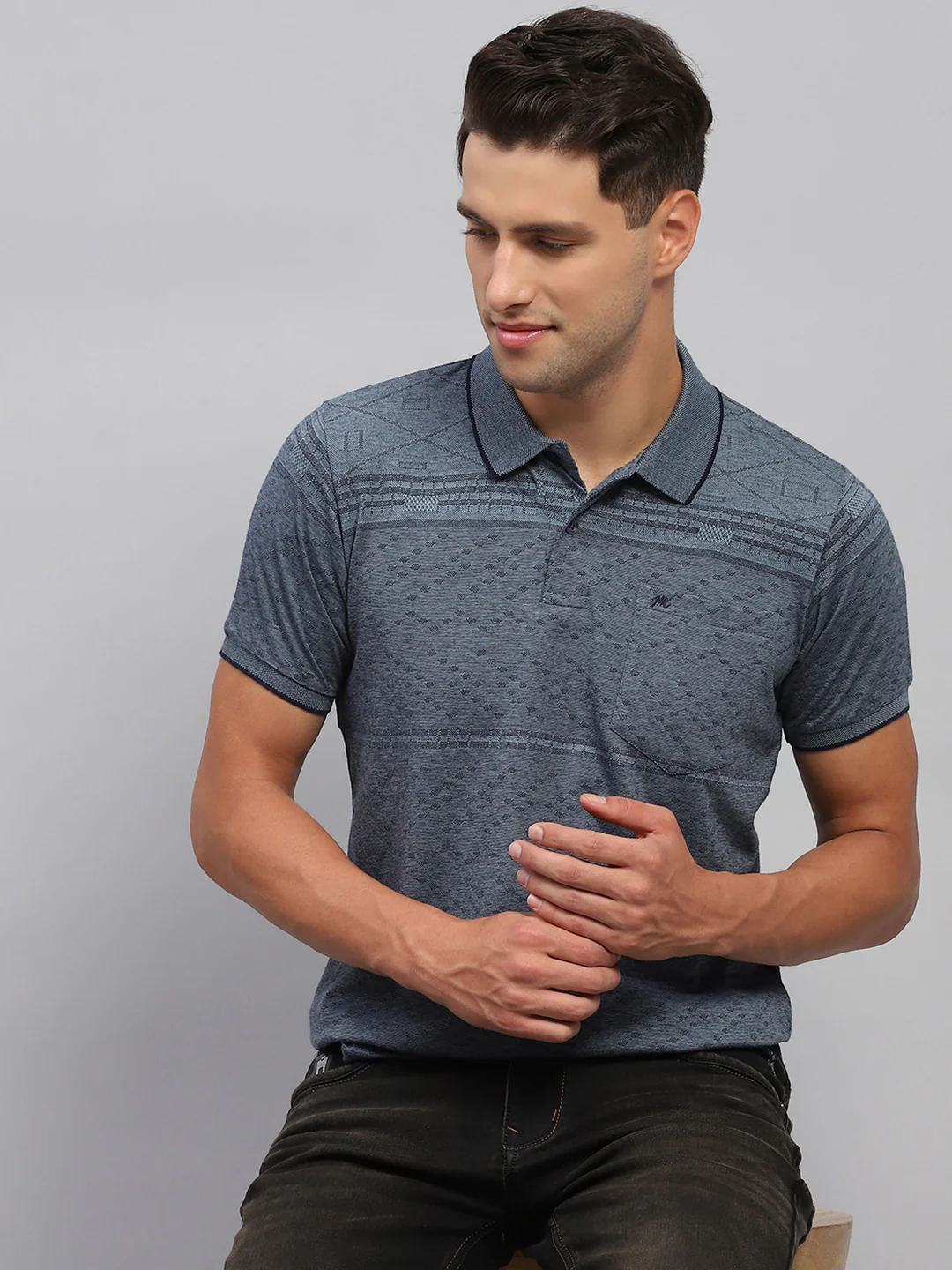 Men Grey Printed Polo Collar Half Sleeve T-Shirt - Image 6
