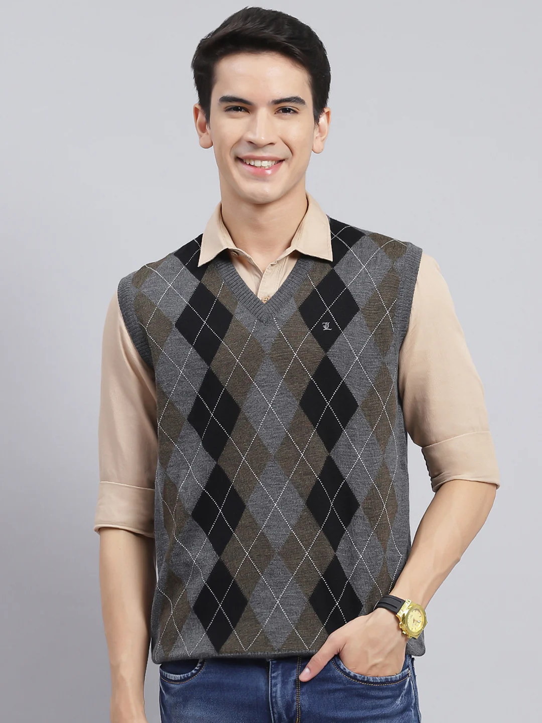Men Grey Printed Pure wool Sweater - Image 2