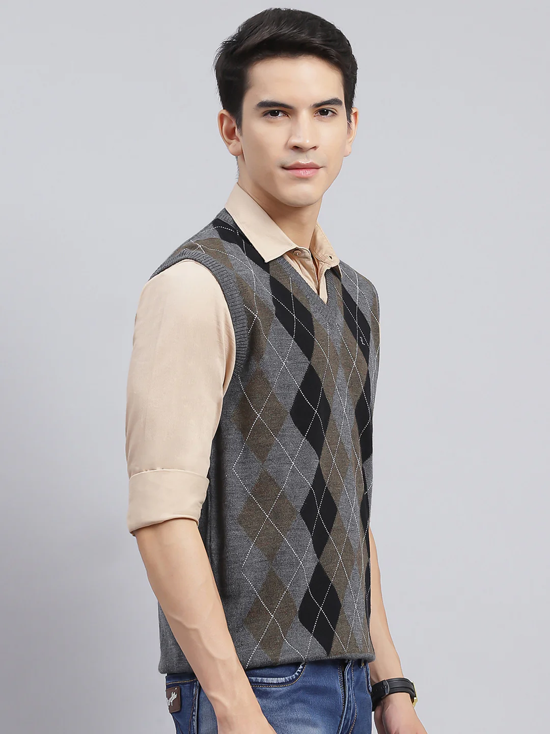 Men Grey Printed Pure wool Sweater - Image 3