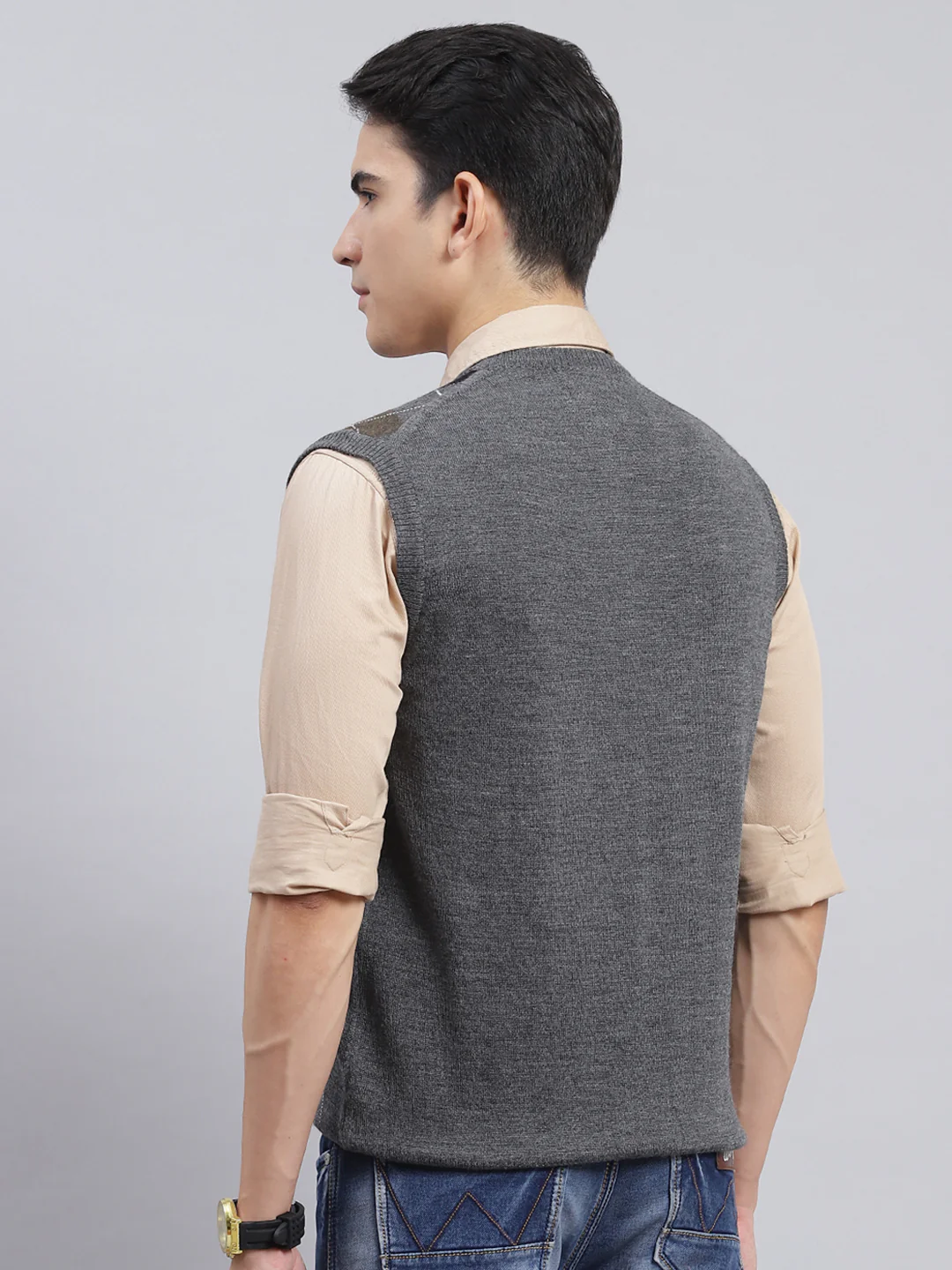 Men Grey Printed Pure wool Sweater - Image 5