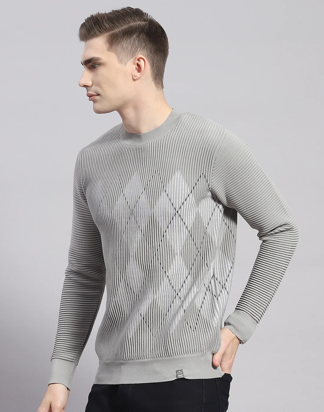 Men Grey Printed Round Neck Full Sleeve Pullover - Image 4