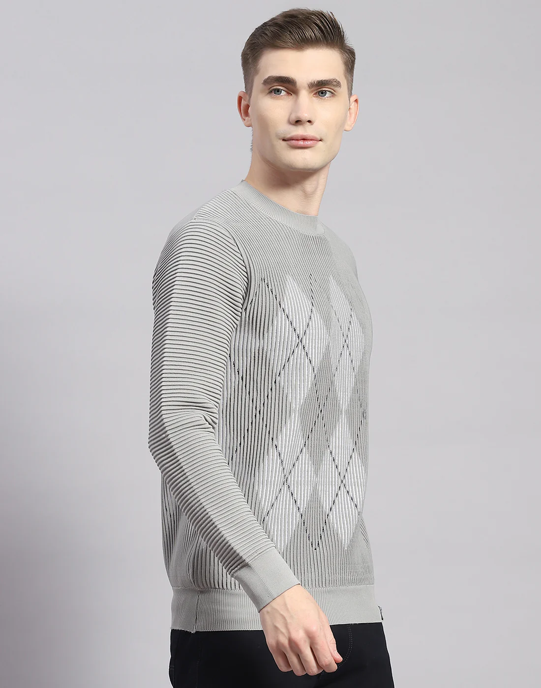 Men Grey Printed Round Neck Full Sleeve Pullover - Image 5