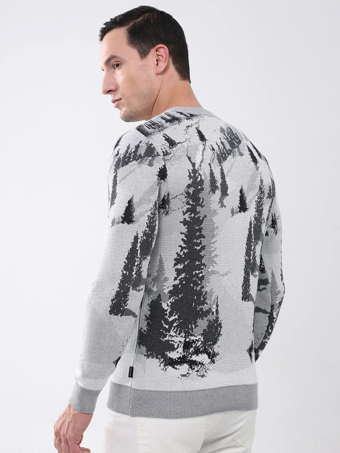 Men Grey Printed Round Neck Full Sleeve Pullover - Image 5