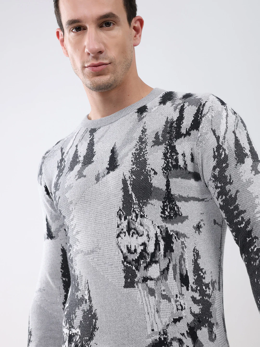 Men Grey Printed Round Neck Full Sleeve Pullover - Image 6