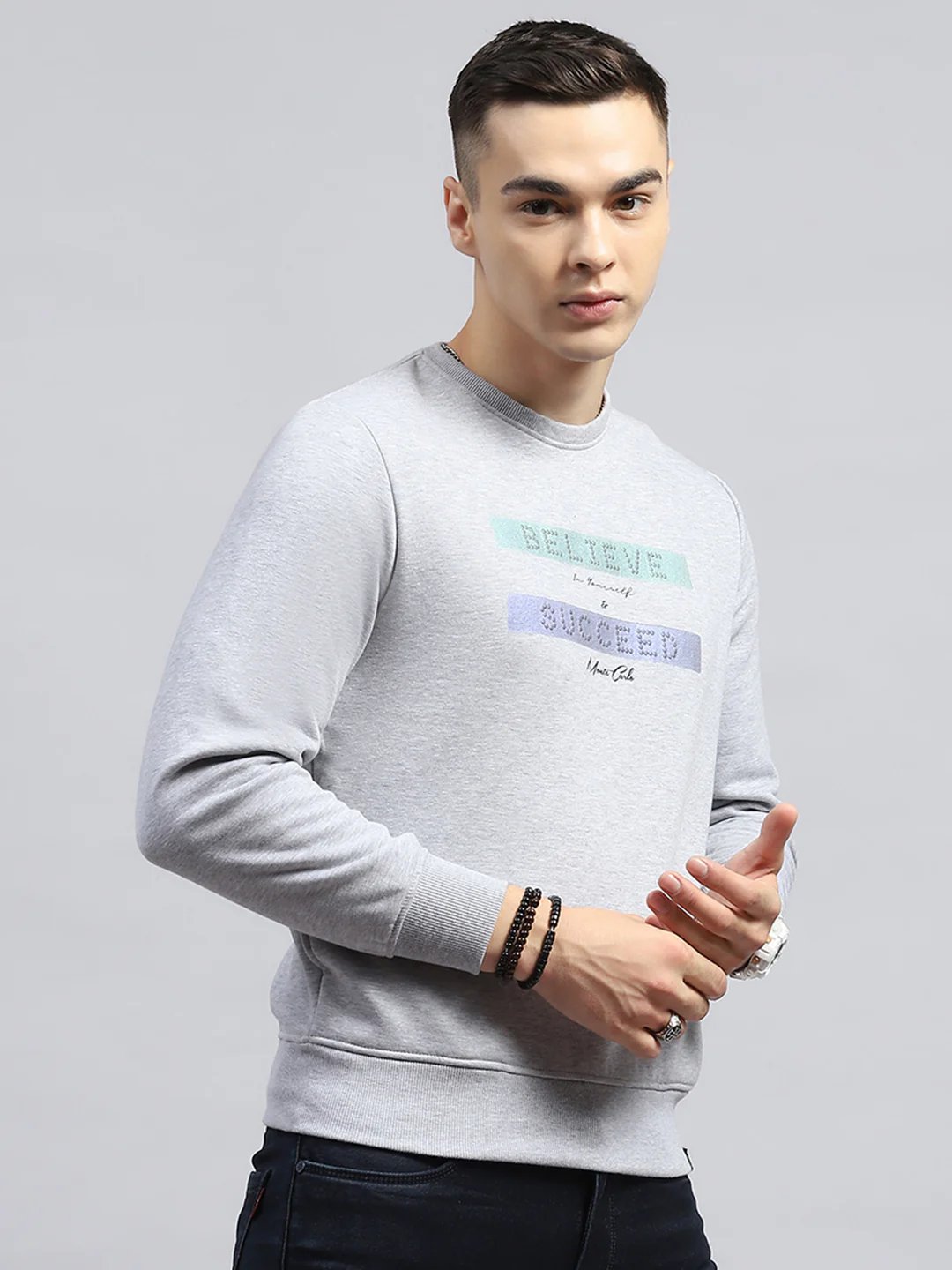 Men Grey Printed Round Neck Full Sleeve Sweatshirt - Image 4