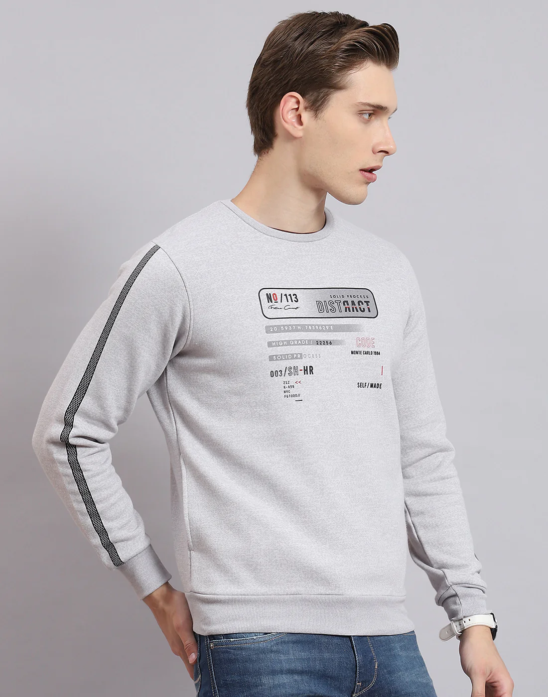 Men Grey Printed Round Neck Full Sleeve Sweatshirt - Image 4