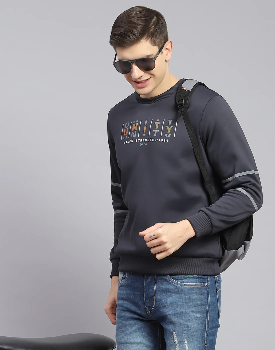 Men Grey Printed Round Neck Full Sleeve Sweatshirt - Image 2