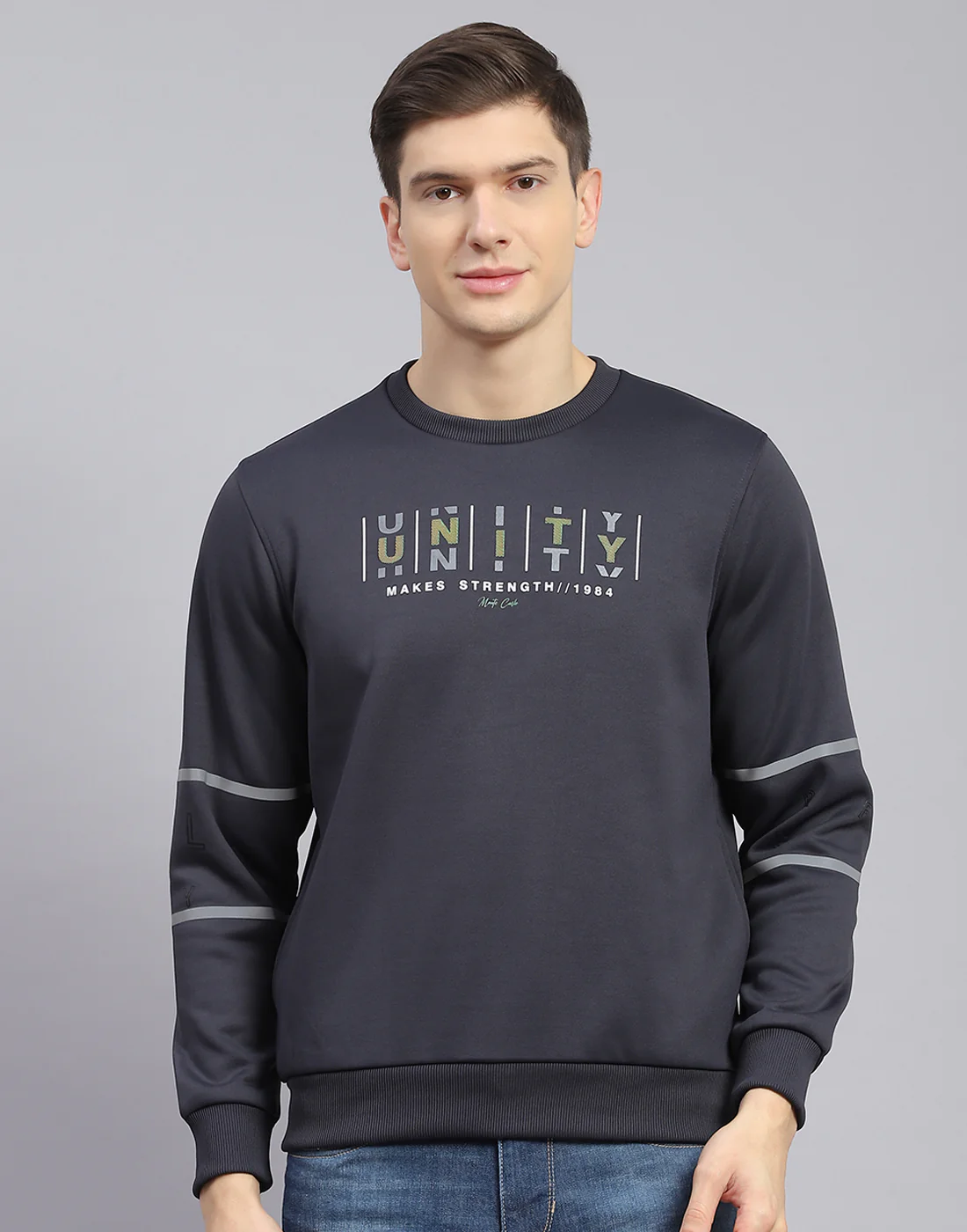 Men Grey Printed Round Neck Full Sleeve Sweatshirt - Image 3