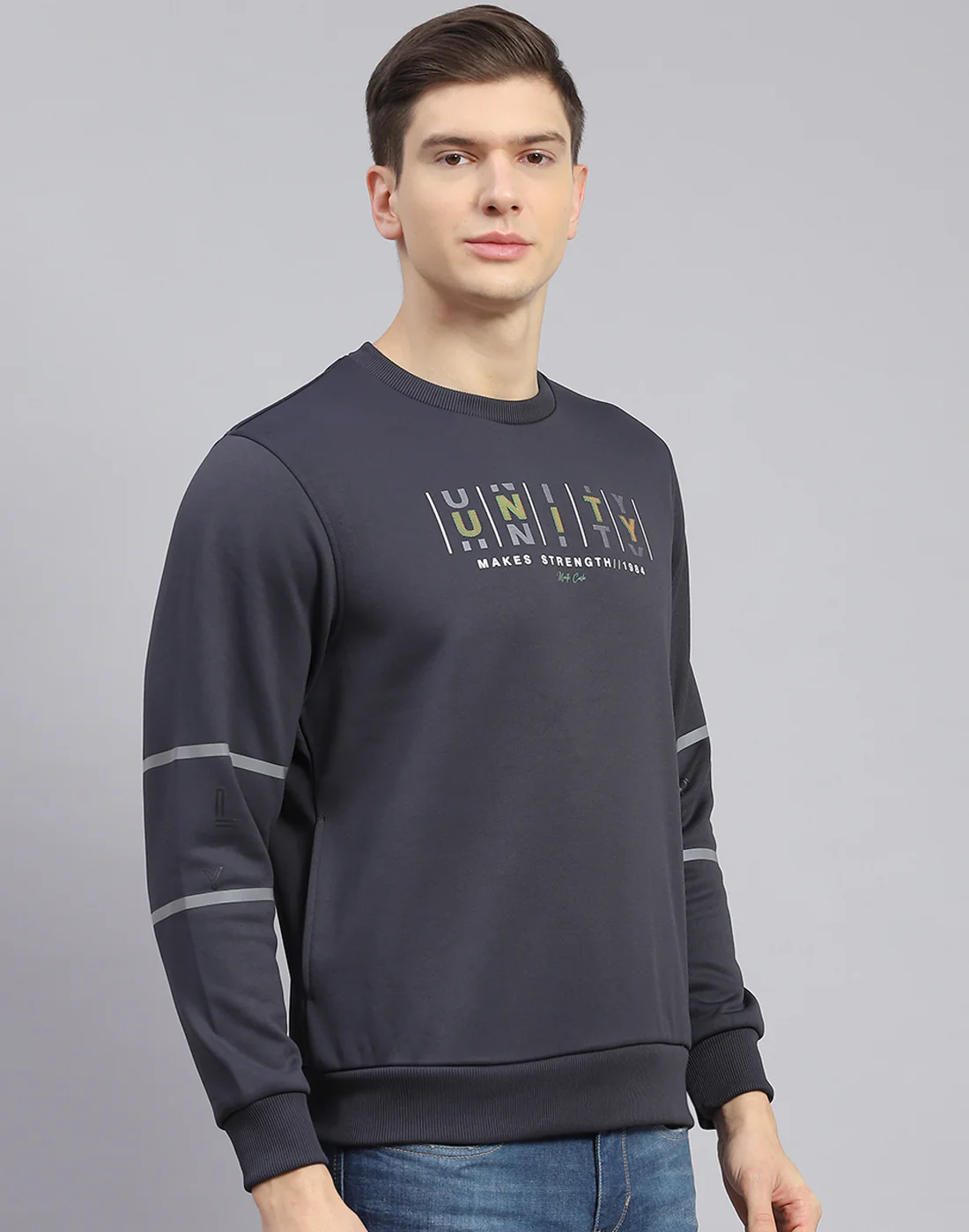 Men Grey Printed Round Neck Full Sleeve Sweatshirt - Image 6