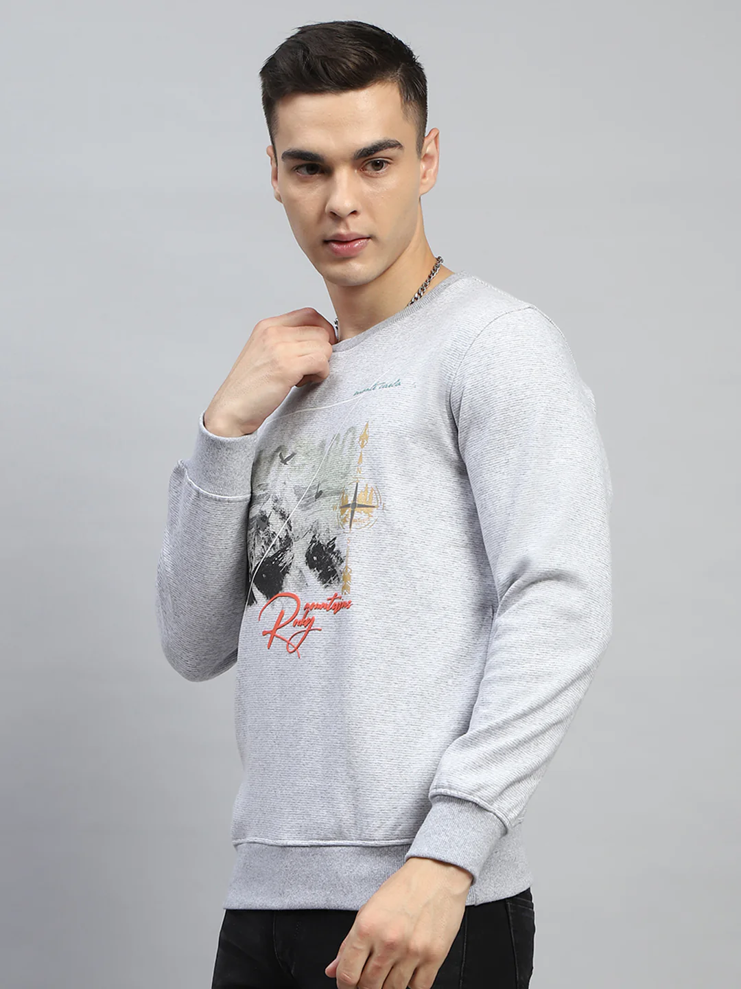 Men Grey Printed Round Neck Full Sleeve Sweatshirt - Image 3