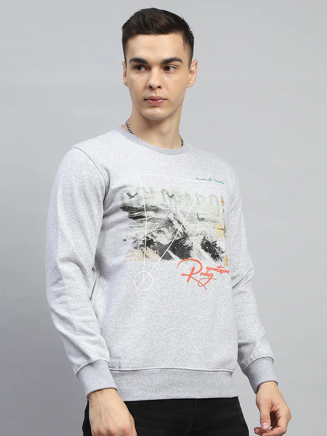 Men Grey Printed Round Neck Full Sleeve Sweatshirt - Image 4