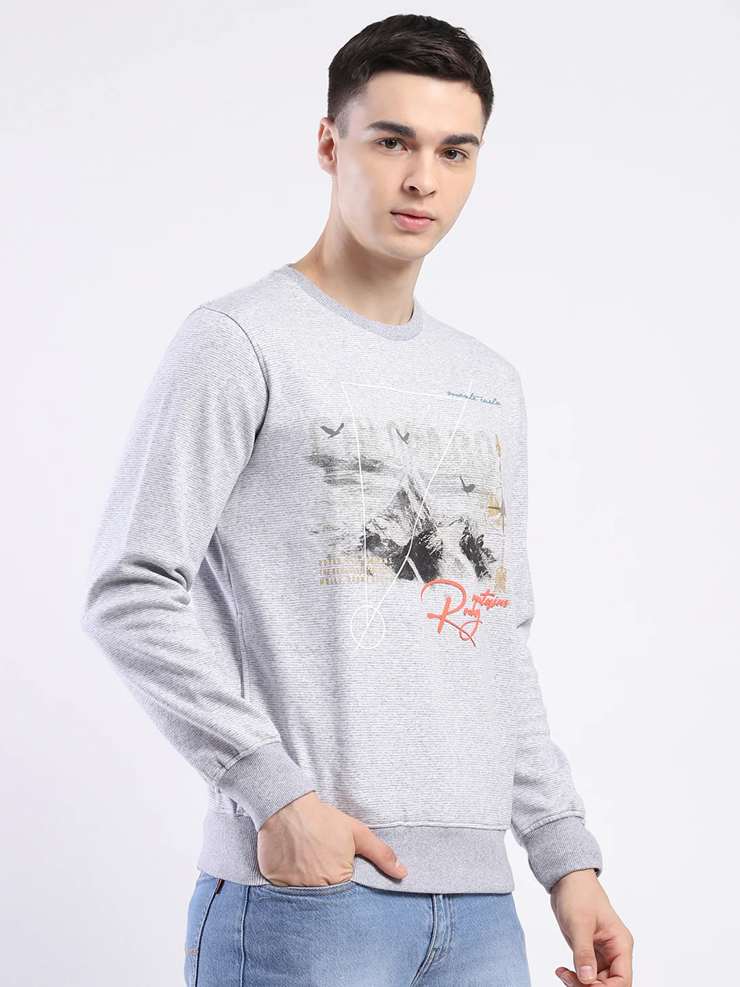 Men Grey Printed Round Neck Full Sleeve Sweatshirt - Image 4