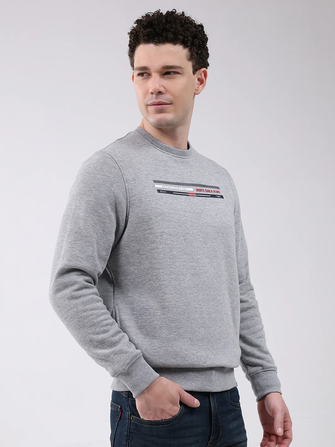 Men Grey Printed Round Neck Full Sleeve Sweatshirt - Image 4
