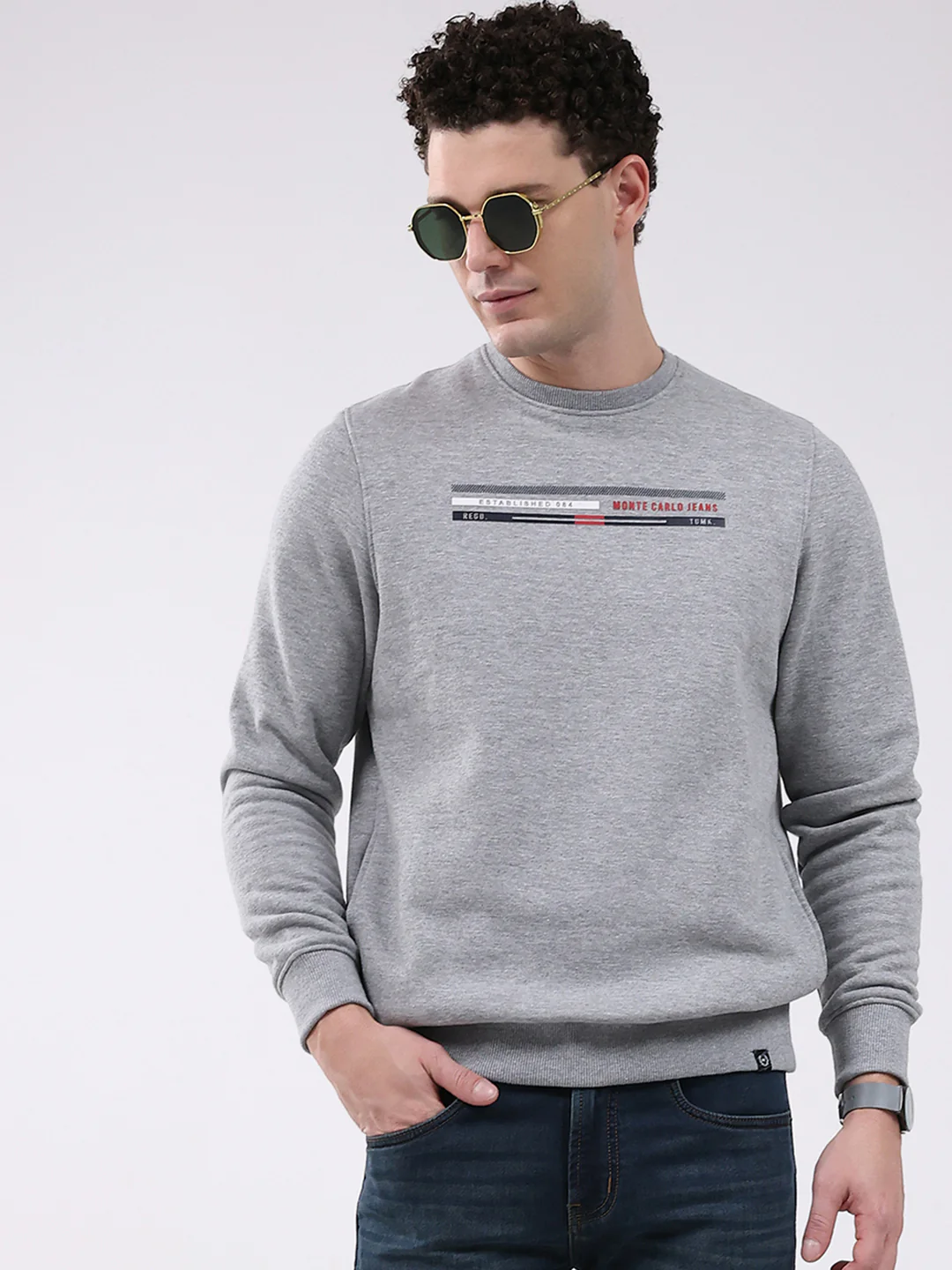 Men Grey Printed Round Neck Full Sleeve Sweatshirt - Image 6