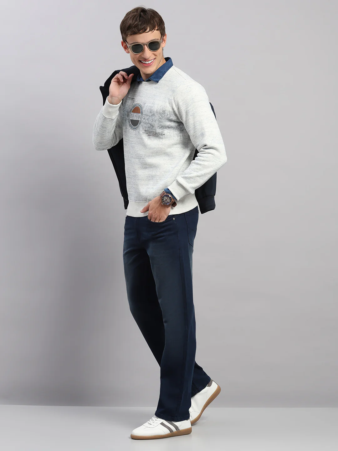 Men Grey Printed Round Neck Full Sleeve Sweatshirt - Image 2