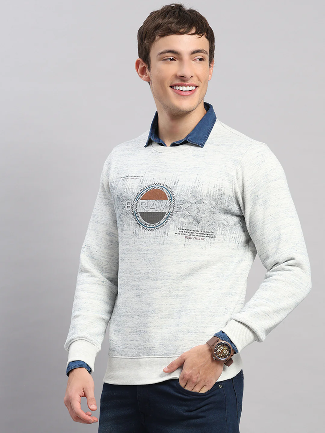 Men Grey Printed Round Neck Full Sleeve Sweatshirt - Image 3